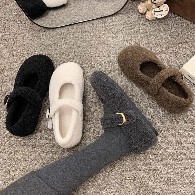 灰色玛丽珍毛毛鞋秋冬外穿新款韩版呢子单鞋女平底加绒保暖棉鞋子