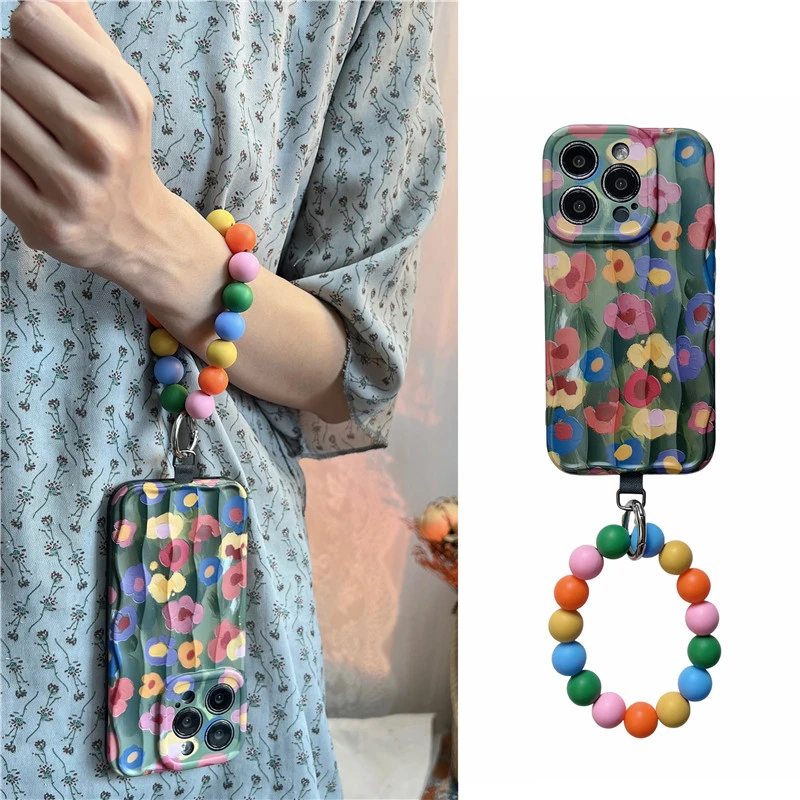 ins夏季彩色花朵手拎圆环适用苹果15/14iphone16手机壳13/12/11套