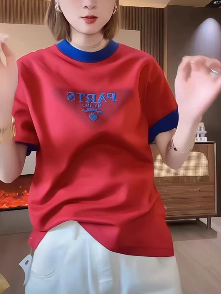 欧货爆款小衫红色短袖t恤女2025新款夏季字母印花撞色圆领上衣潮