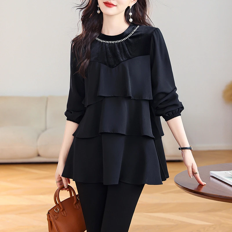 时尚钉珠大码上衣女2025春装新款气质小衫洋气时尚遮肉显瘦衬衫