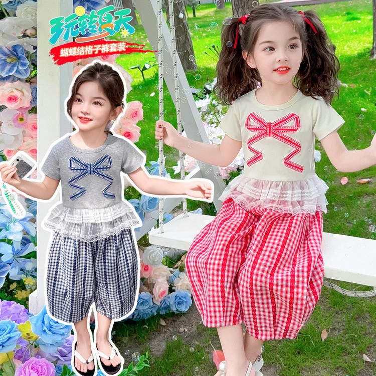 女童夏装洋气短袖套装2025新款儿童休闲运动夏季女孩格子裤两件套