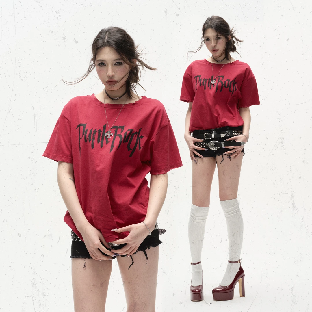 Babefish onze原创摇滚做旧破坏印花复古红色宽松T恤