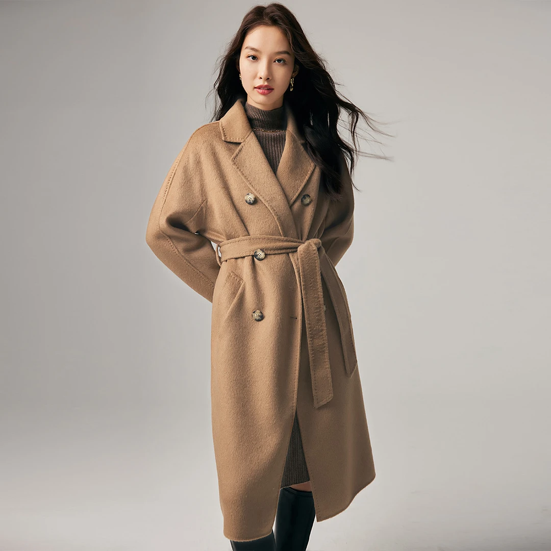 PALUOPO/帕罗秋冬翻领气质外套中长款驼绒质感大衣女 ET22708D-A