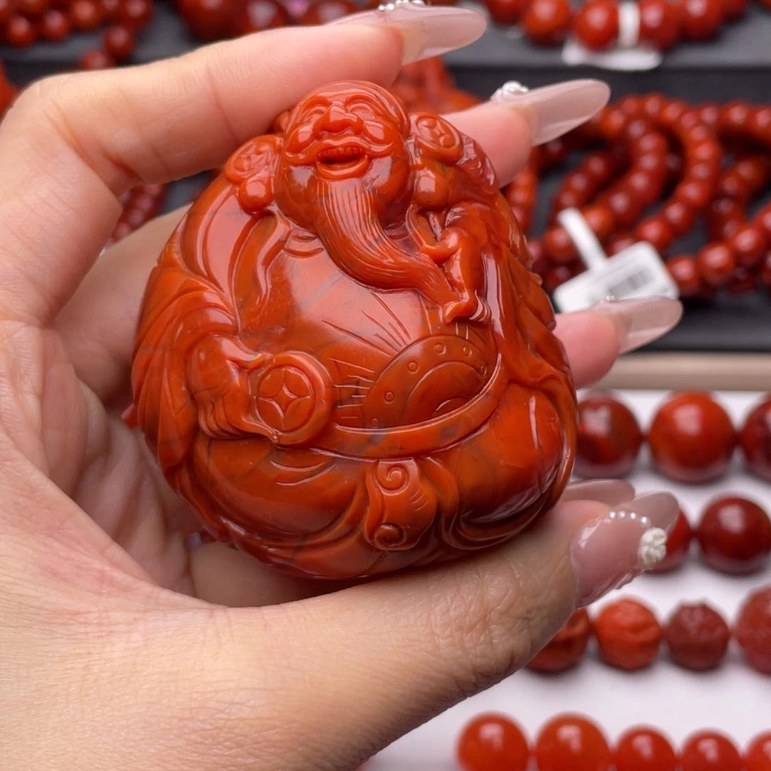 腰***生南红玛瑙未镶嵌手链财神手把件