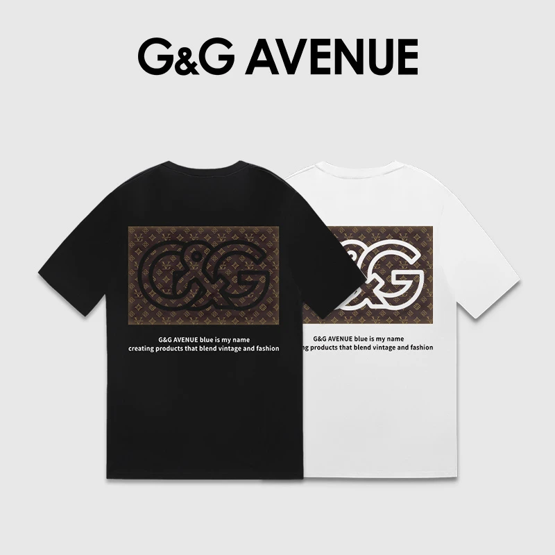 法国G&G AVENUE轻奢潮牌夏季修身正肩印花短袖T恤男女同款打底
