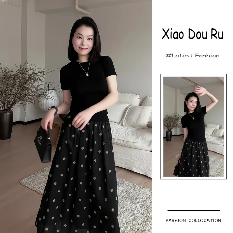 夏季流行穿搭一整套新款2025韩系气质轻熟风简约上衣波点裙两件套