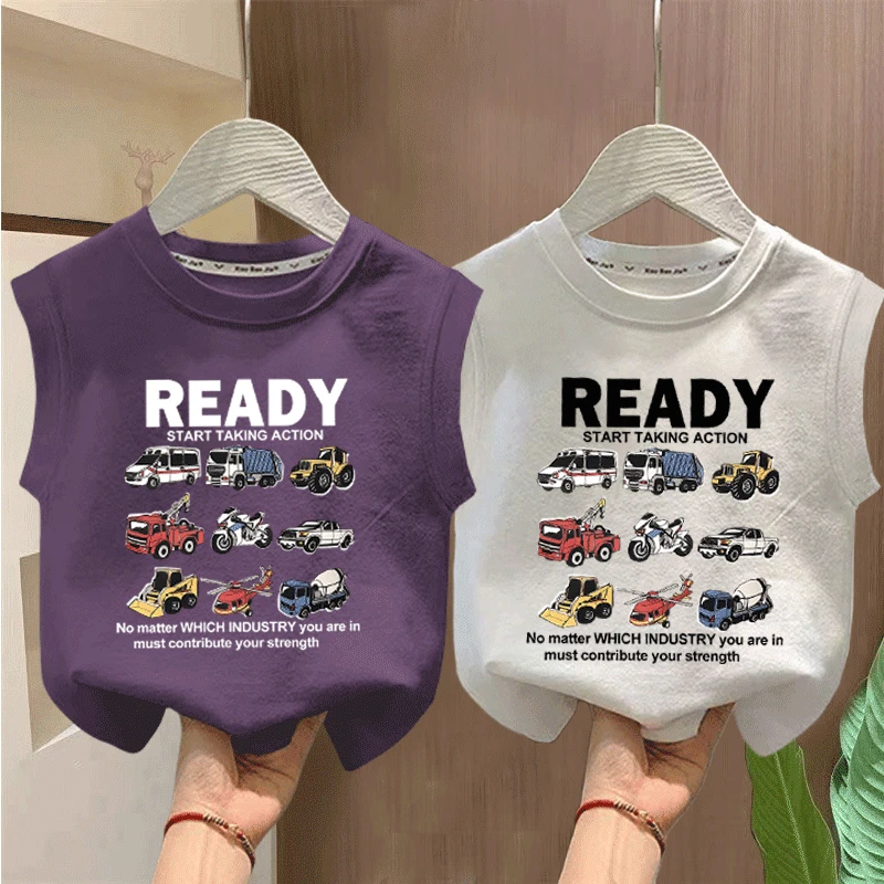 男童100%纯棉无袖t恤夏季新款中小儿童百搭汽车卡通背心帅气T外穿