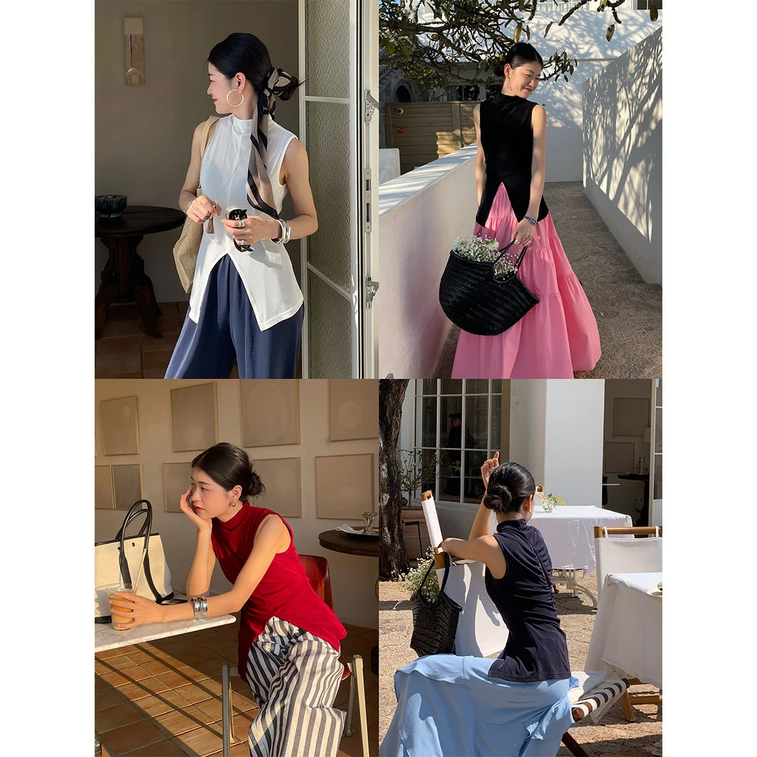 韩系显瘦灵动小高领insT恤小众洋气面料露背网红高级感百搭小衫