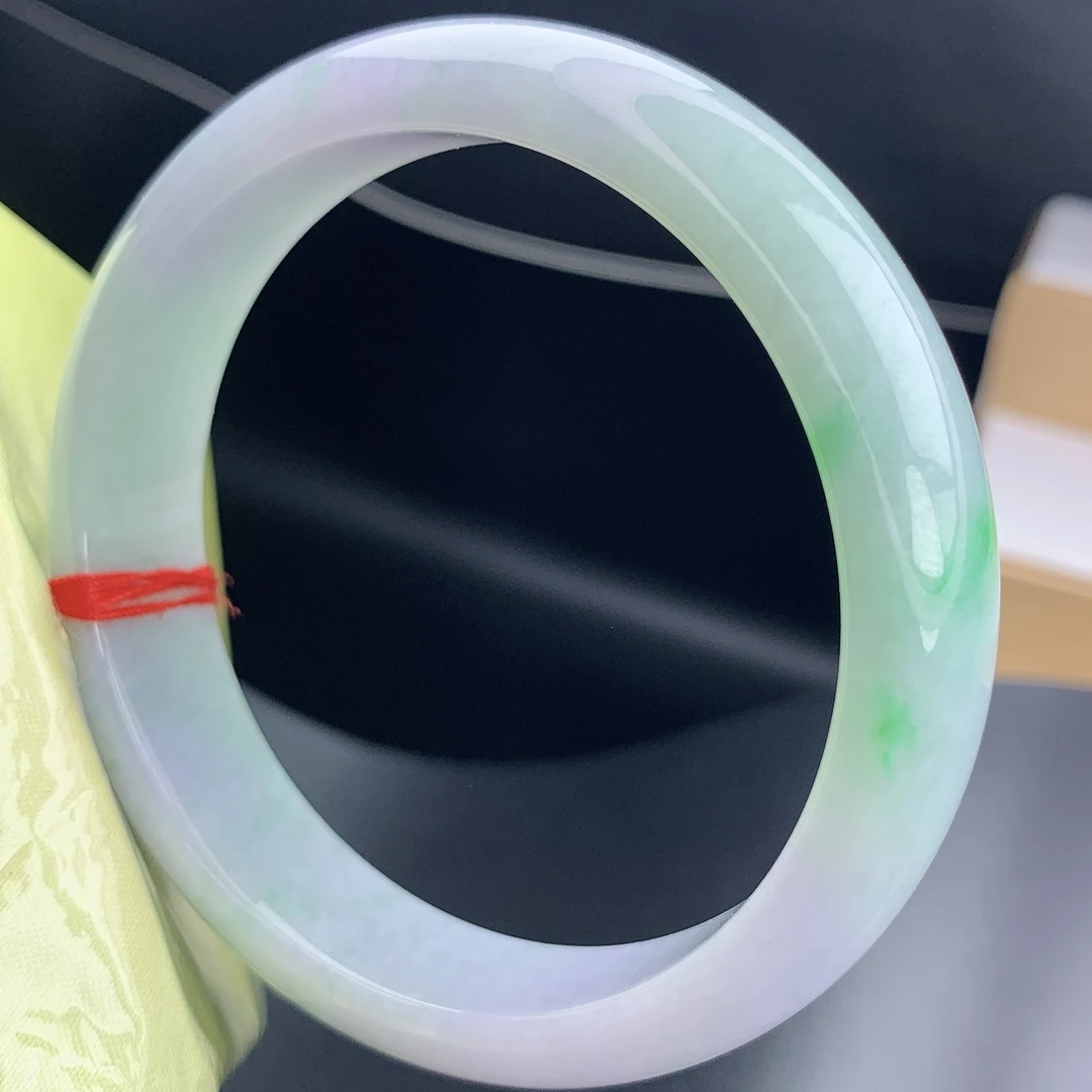 缅甸A货翡翠春彩紫翡阳绿色T卡58.3-13.8-7.6mm正圈手镯56.2克