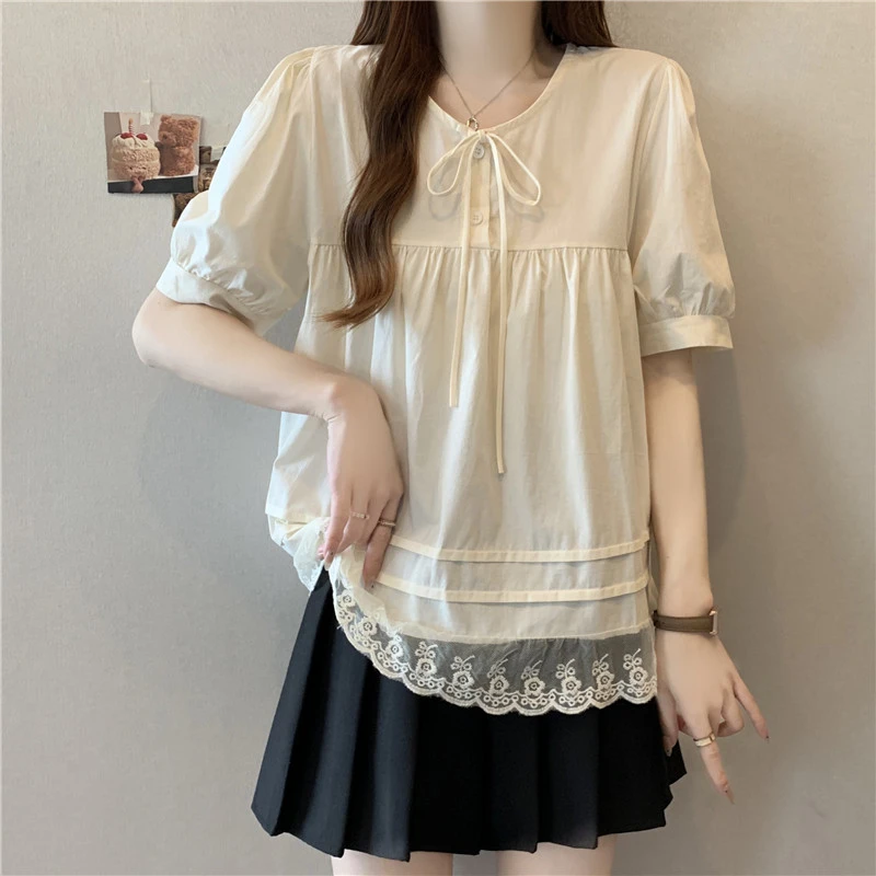 大码夏季新款宽松藏肉上衣女胖MM不规则蕾丝拼接花边下摆短袖T恤