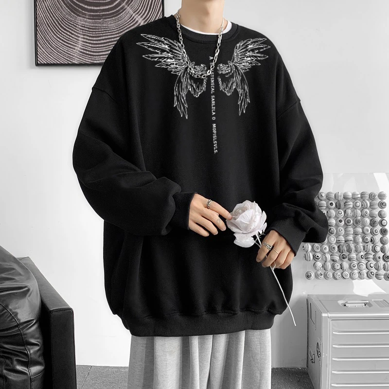 DeweLvum新款圆领卫衣男美式复古时尚字母长袖打底衫百搭宽松上衣