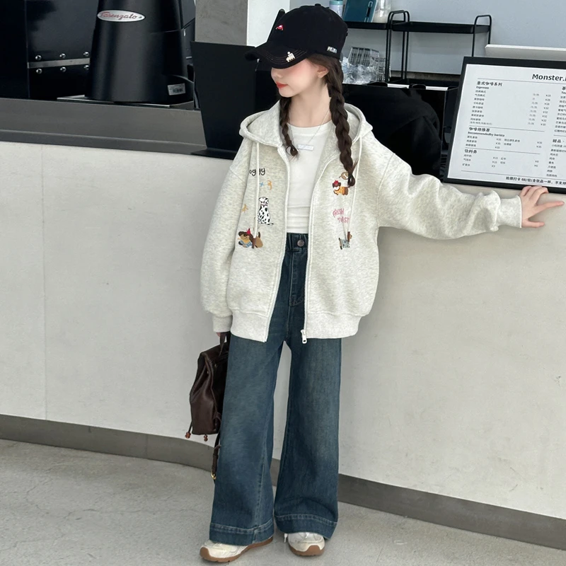 女童秋装套装2025新款女大童春秋季刺绣连帽外套儿童牛仔裤两件套