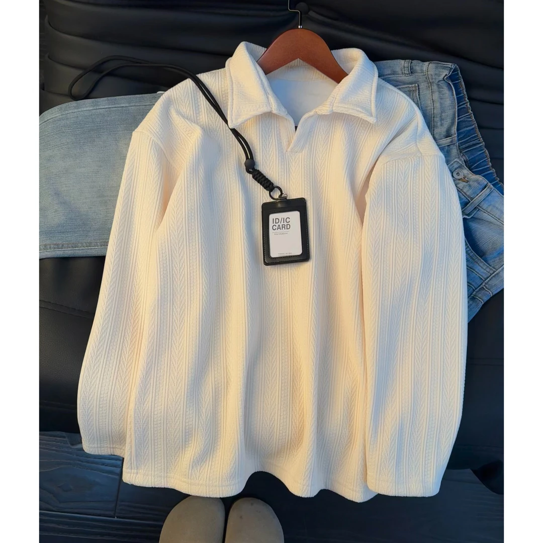 麦穗纹提花加厚加绒polo衫男女秋冬重磅V领卫衣长袖打底内搭外套