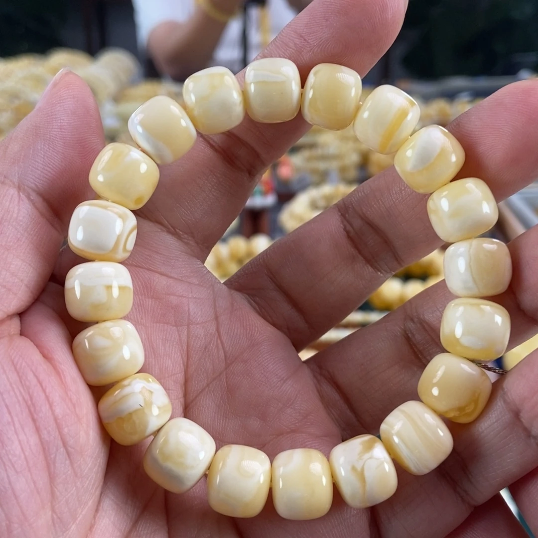 琥珀未镶嵌珠宝奇石11瓷白花蜡手串19.62