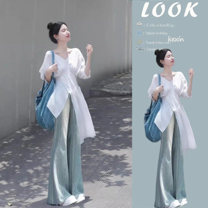 夏季穿搭一整套女2024新款韩版设计感不规则上衣微喇牛仔裤两件套