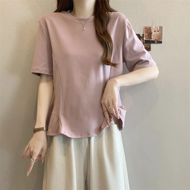 不规则圆领短袖t恤女2025新款夏大码胖mm显瘦正肩上衣设计感小众