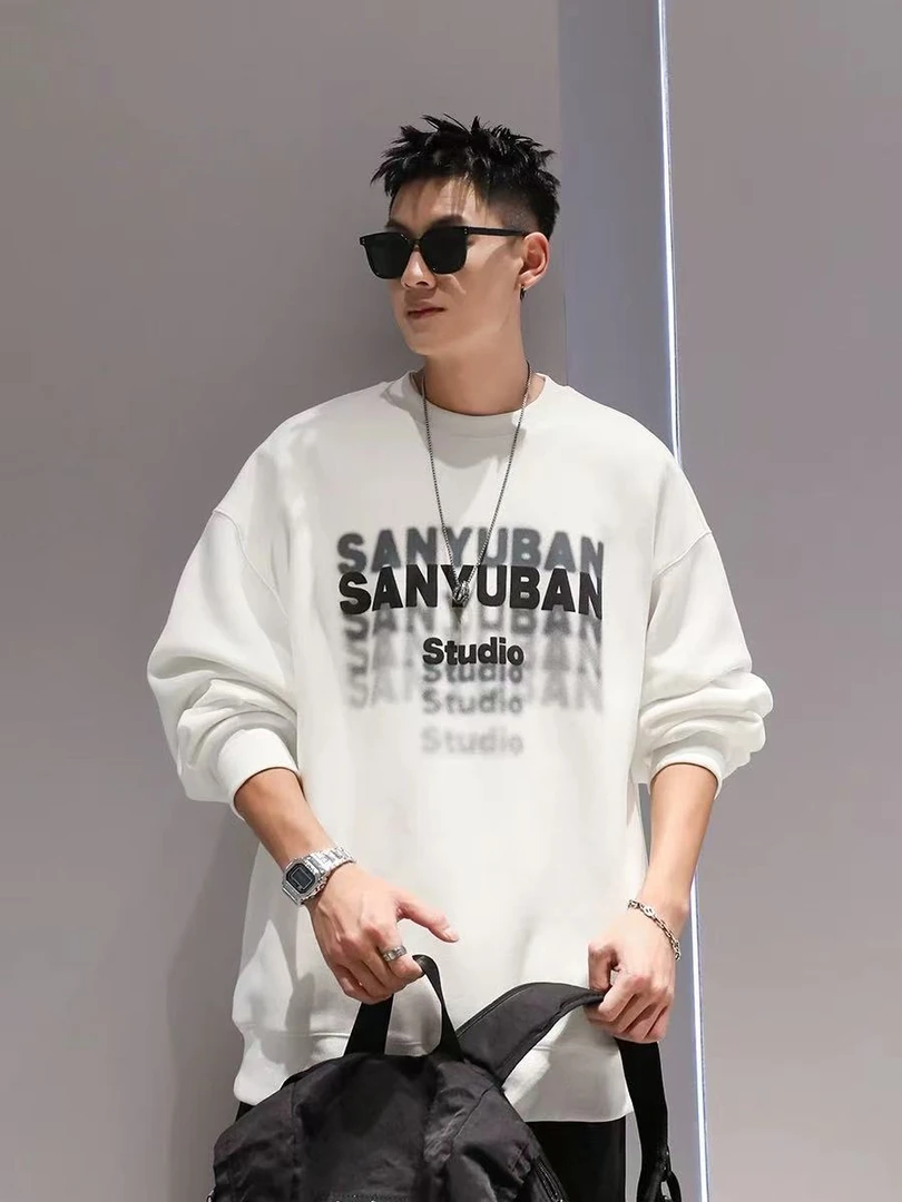 300斤大码美式潮流圆领印花T恤字母男士长袖百搭打底休闲圆领卫衣