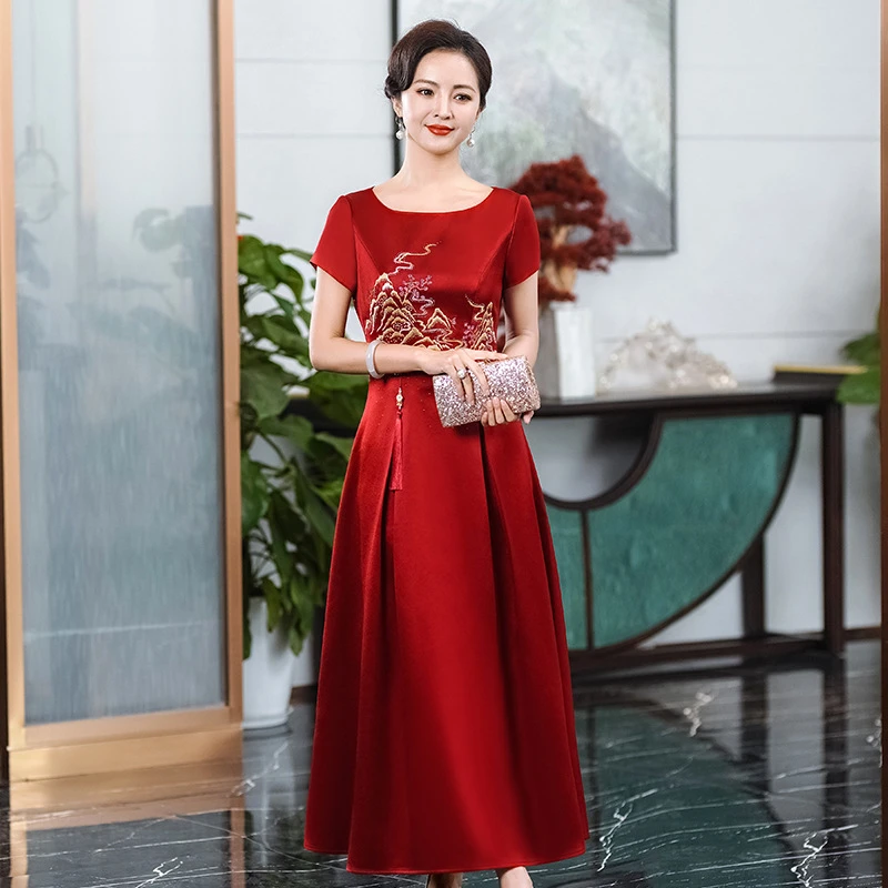 2025夏季新款高端醋酸喜婆婆婚宴装礼服裙年轻妈妈参加婚礼敬酒服