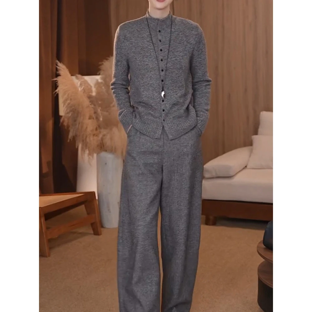 时尚简约休闲纯色套装女2026春季新款洋气百搭单排扣针织衫+长裤