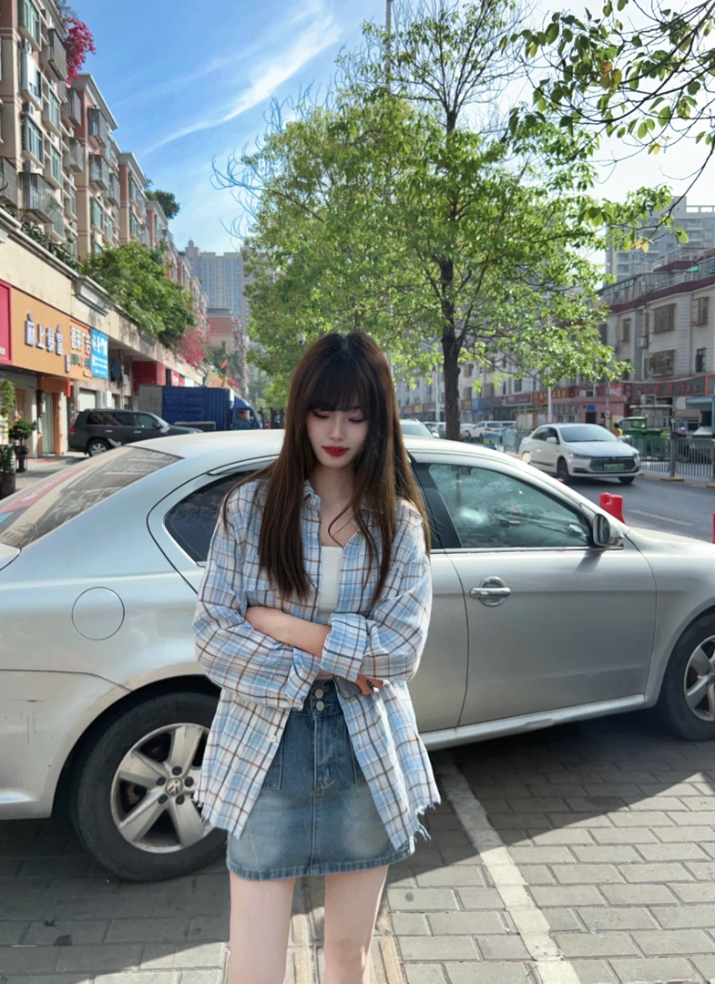 Trend着迷格子长袖气质时尚短款衬衣女休闲百搭新款衬衫