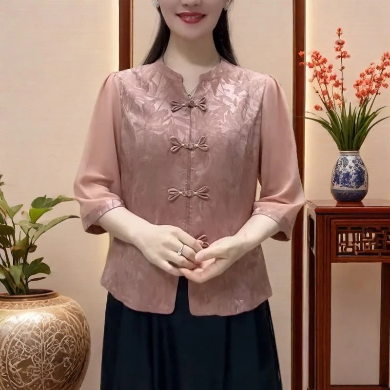 508新中式妈妈装真丝衬衫盘扣上衣新款中老年女装桑蚕丝国风小衫