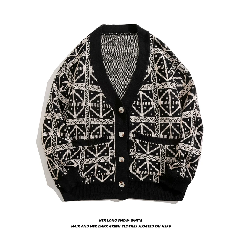 春秋针织毛衣复古针织衫大码开衫潮流V领常规提花宽松时尚休闲