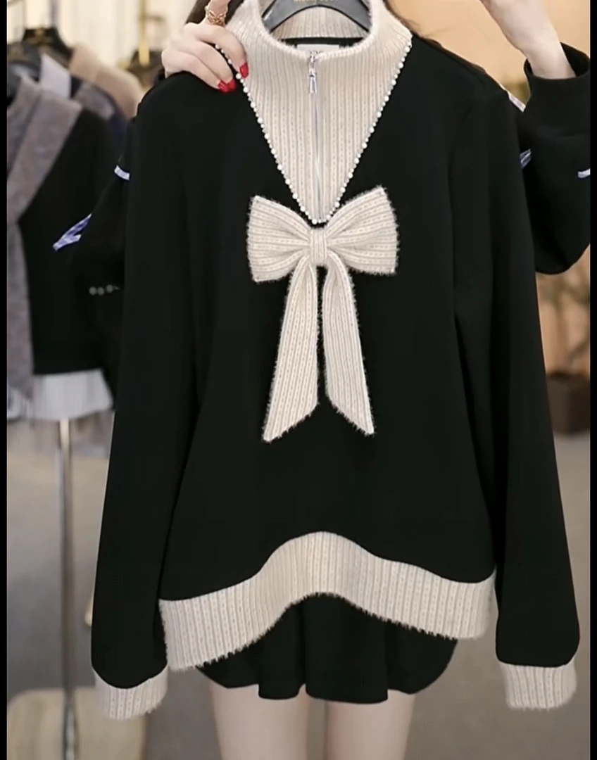 【婷婷】2025秋冬新款时尚洋气减龄拼色25605蝴蝶结套装