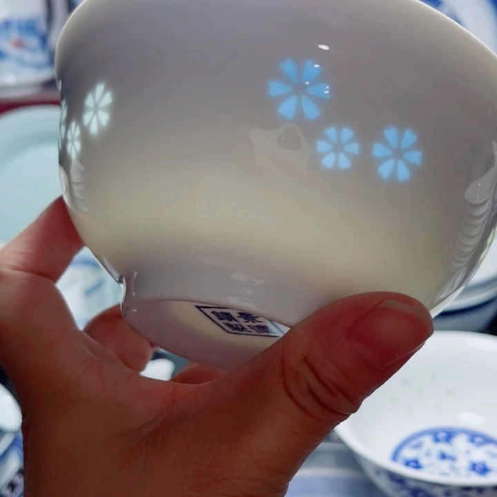 青花玲珑5寸饭碗三星花彩玲珑