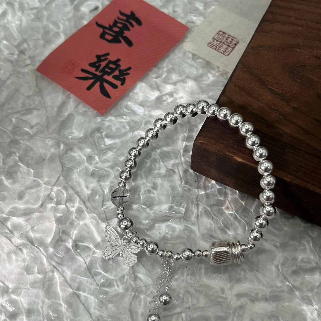 足银手链 黔艺足银999蝴蝶珠珠银手链宫廷流苏手链