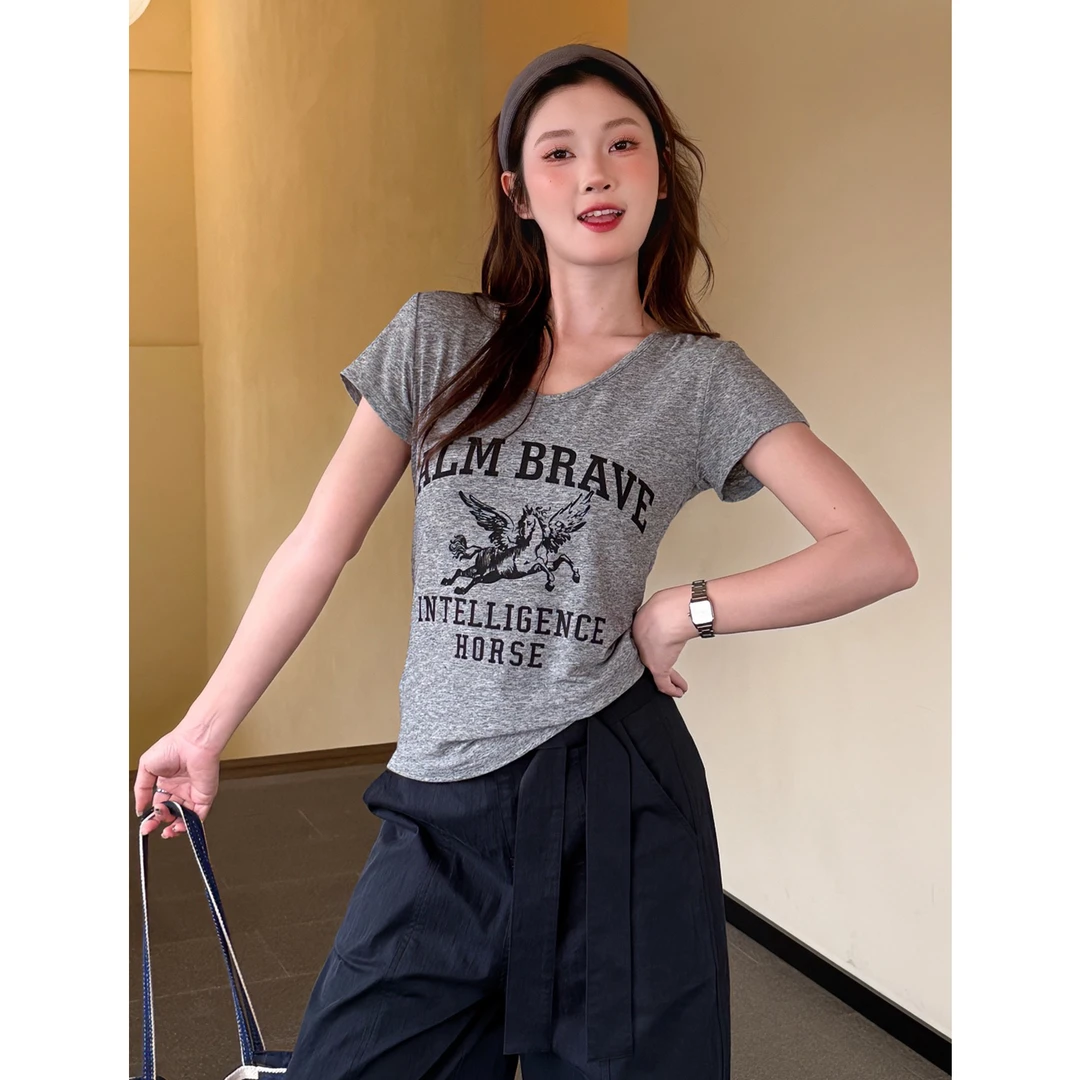 夏季薄款设计感短袖T恤女显瘦美式复古印花小众休闲ins上衣