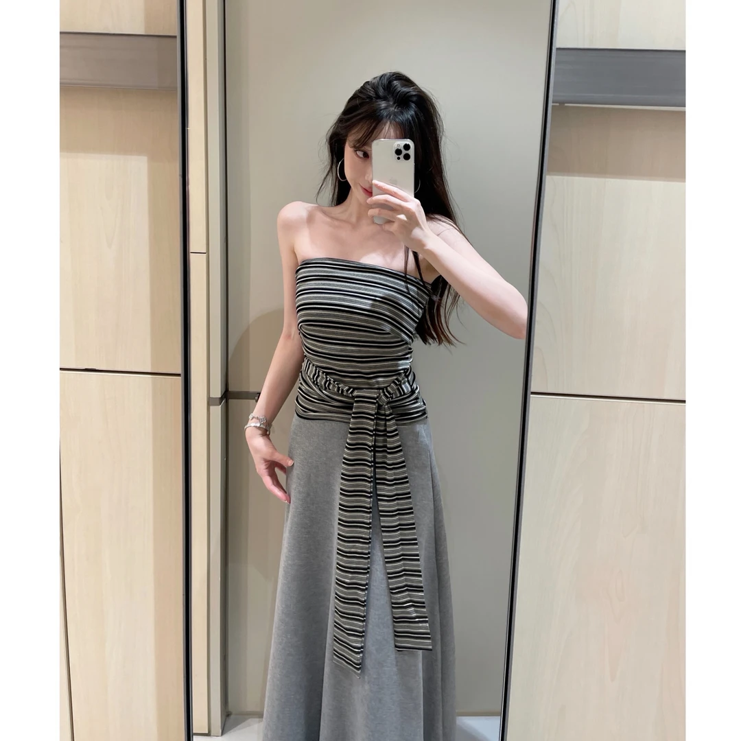 WANZIU【秀珠小姐】甜辣条纹撞色抹胸绝美性感 垂感慵懒长半身裙