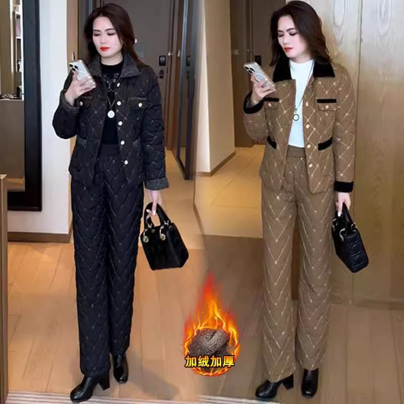 加绒加厚时尚套装女冬季新款洋气质显瘦小香风短外套阔腿裤两件套