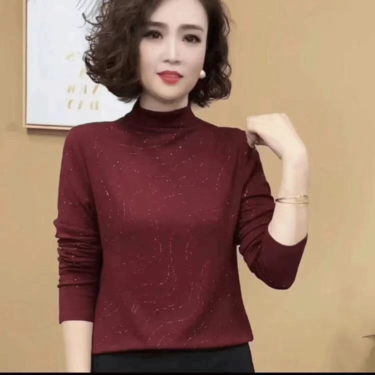 秋冬纯色长袖女烫钻气质显瘦满印半高领长袖T恤针织时尚黑色ins