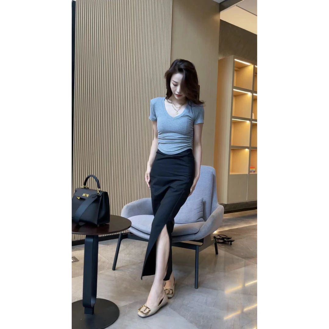 夏款高腰显瘦小众纯色开叉半身裙-1624