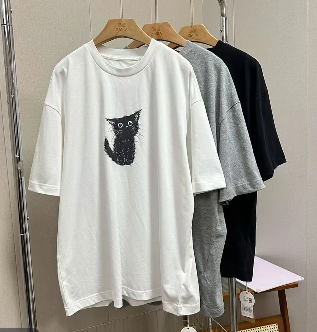 素素家夏季新款宽松纯棉短袖T恤男女情侣简约小猫创意设计T恤短袖