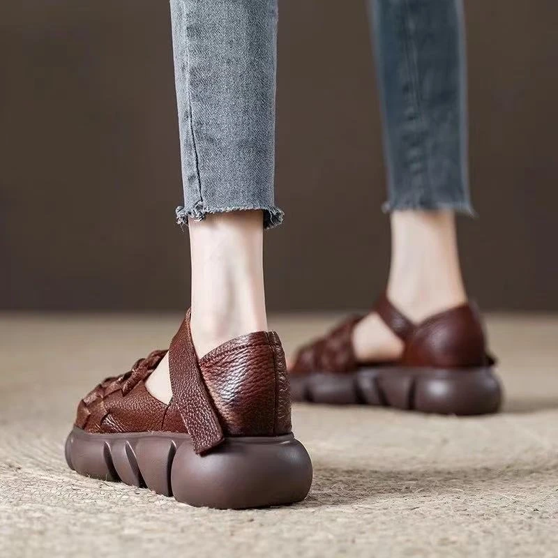 2025年夏季新款松糕厚底凉鞋女软皮编织露趾鱼嘴鞋包跟