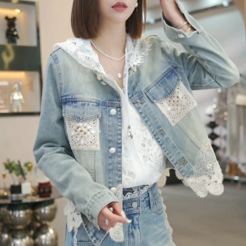 高含棉钉珠蕾丝花边牛仔外套女2025早春新款气质百搭宽松短款上衣