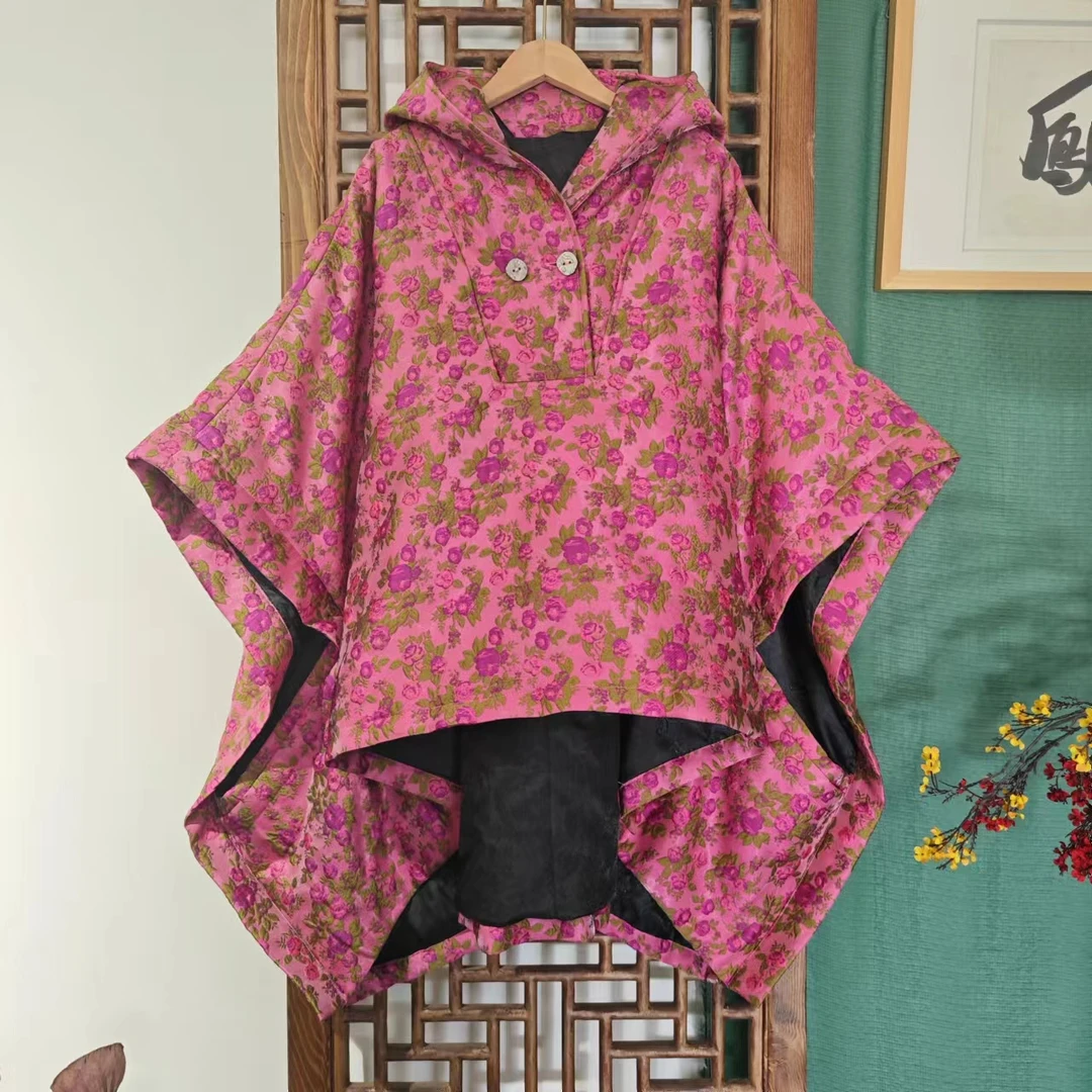 凤徕兮私人定制粉色小碎花花纹套头带帽斗篷棉衣 LS417-1