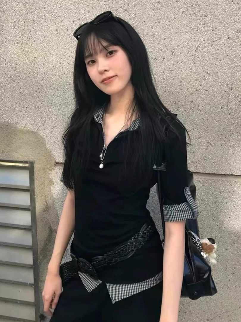撞色格纹拼接polo领短袖t恤女夏季2025新款修身甜辣假两件上衣潮