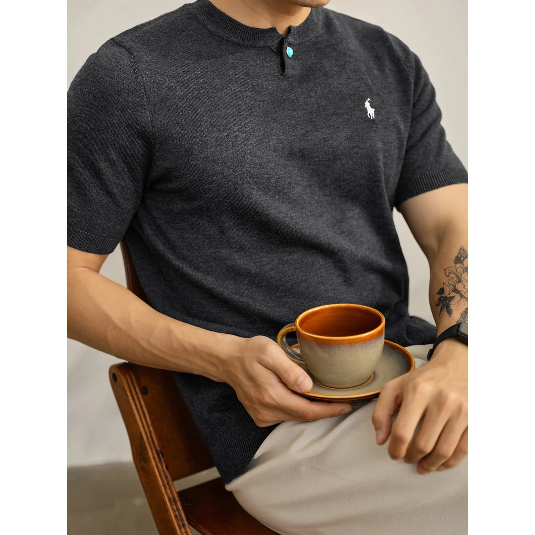 奥兰德保罗亨利领绿松石单纽扣针织T恤男士短袖骑士刺绣透气上衣