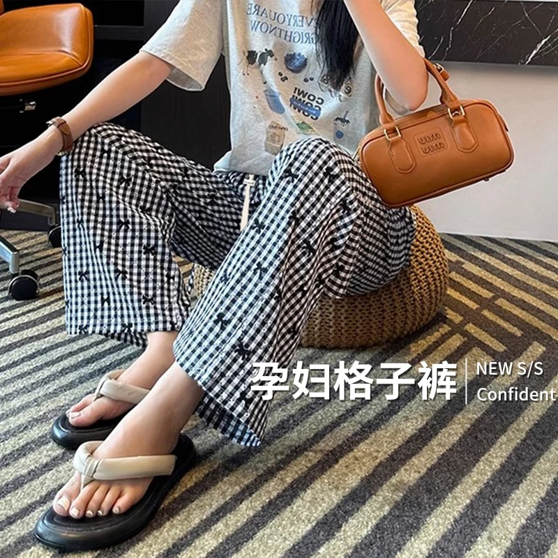 孕妇裤 复古格纹蝴蝶结宽松休闲裤女2025夏季新款高托腹裤