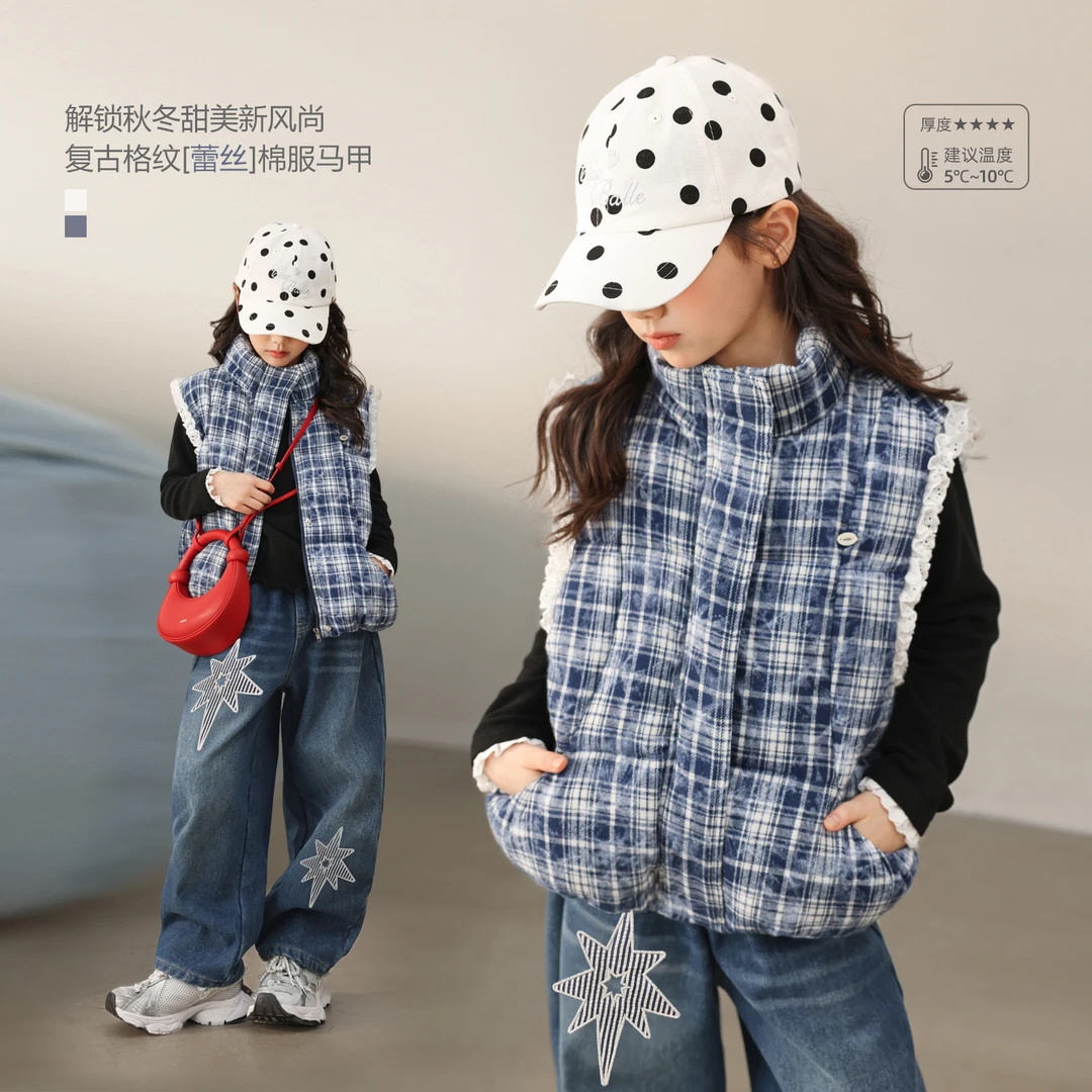 NORNOR陈大猪童装女童夹棉马甲冬季2025新款儿童格纹马甲NQ590158