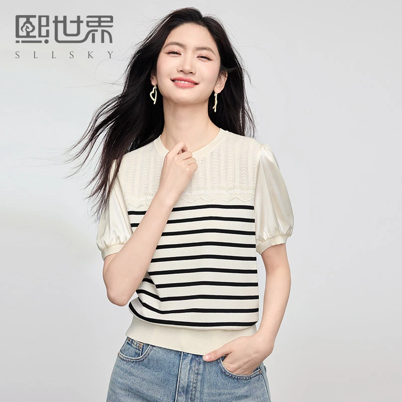 熙世界2025夏新款航海系黑白条纹针织衫女薄款休闲百搭泡泡袖上衣