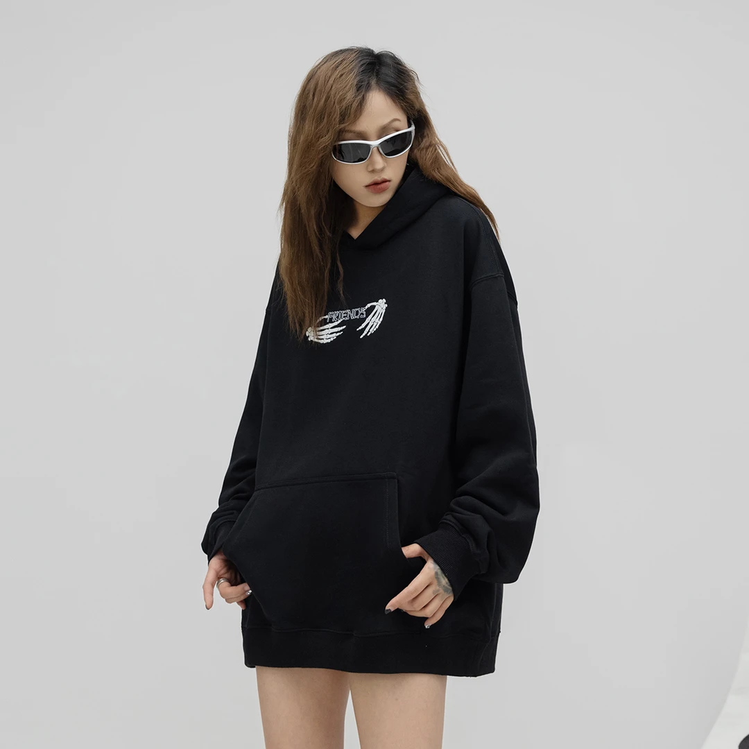 街头潮牌骷髅印花连帽卫衣女2025春季新款情侣宽松上衣