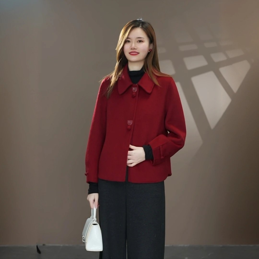 甜甜2515秋冬新款双面手工缝制高端羊毛短款女毛呢外套百搭