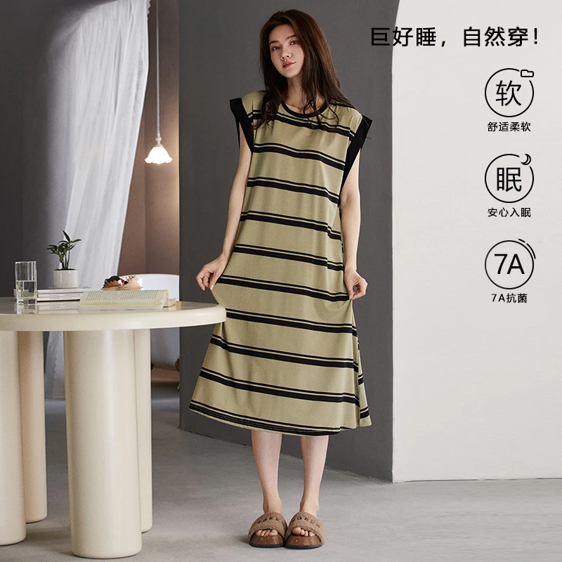 氧时间带胸垫睡裙女夏季莫代尔背心简约条纹可外穿宽松2025家居服