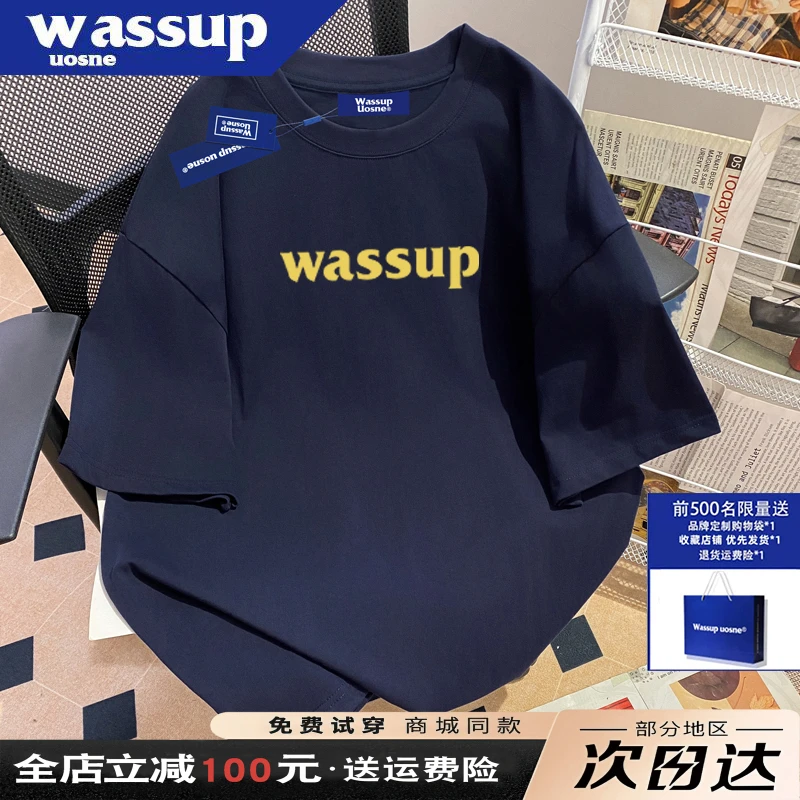 WASSUP美式简约短袖纯棉休闲纯棉休闲情侣夏宽松印花百搭ins圆领