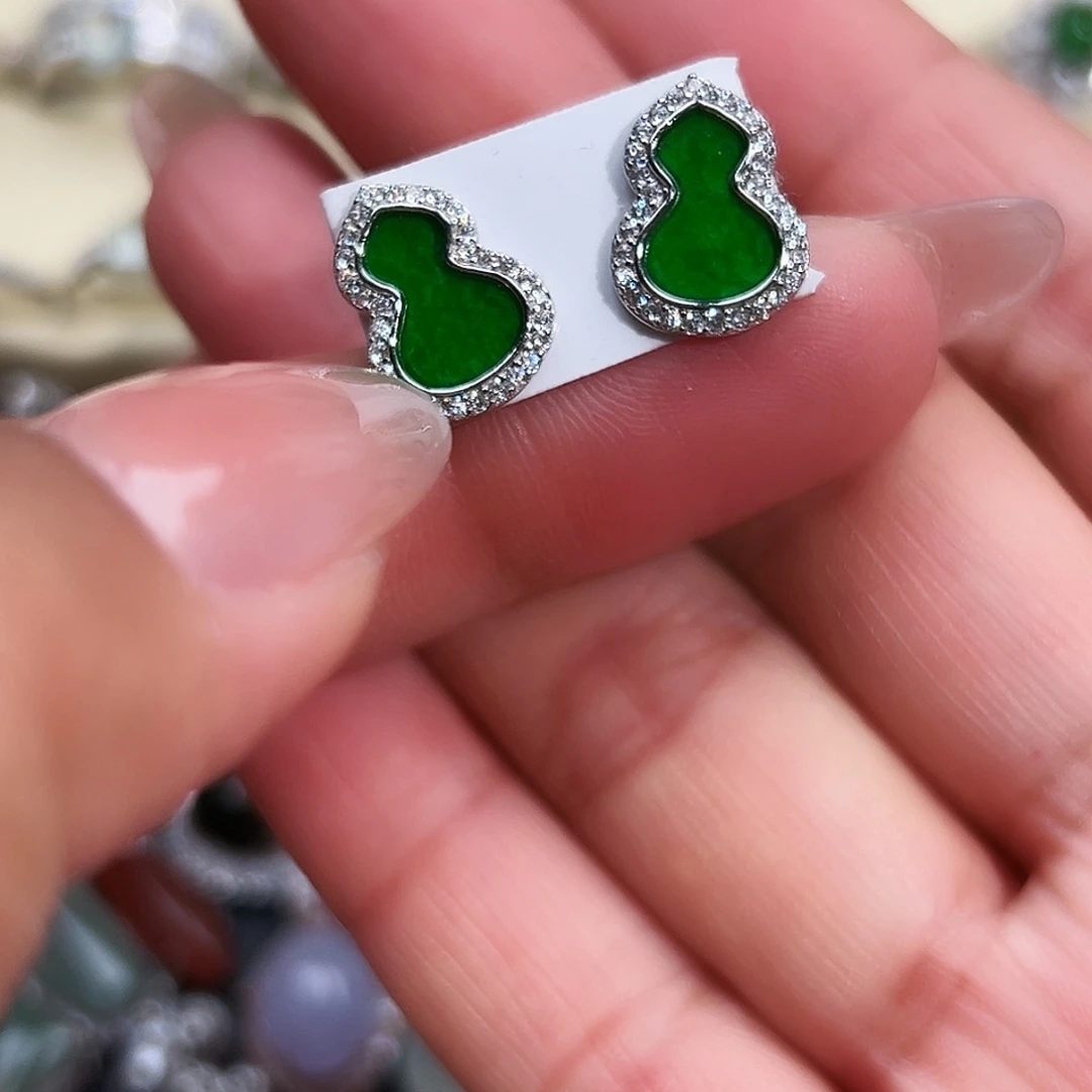 翡翠银S925镶嵌戒指缅甸天然A货翡翠耳钉