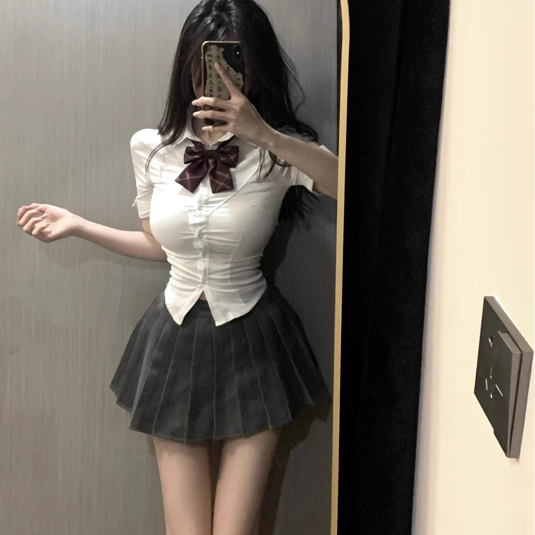 jk制服收腰衬衫百褶裙套装夏季女纯欲风短袖上衣学院风穿搭辣妹女