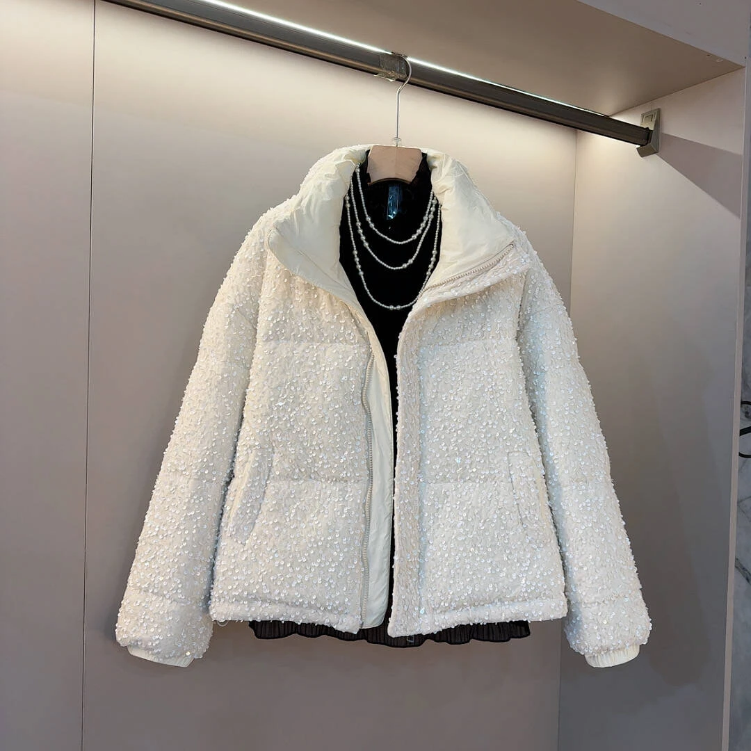 欧货时尚洋气静版重工亮片新款2025立领大码女装上衣棉服外套